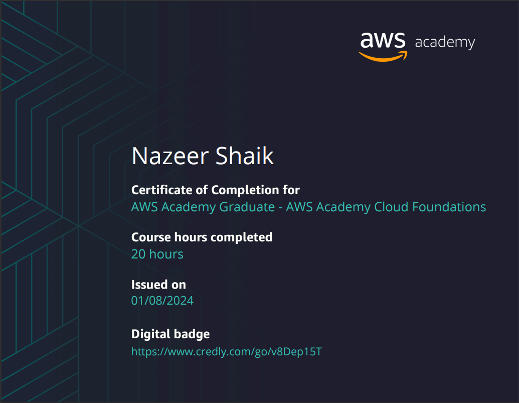 Certificate of completion of AWS Cloud Foundations