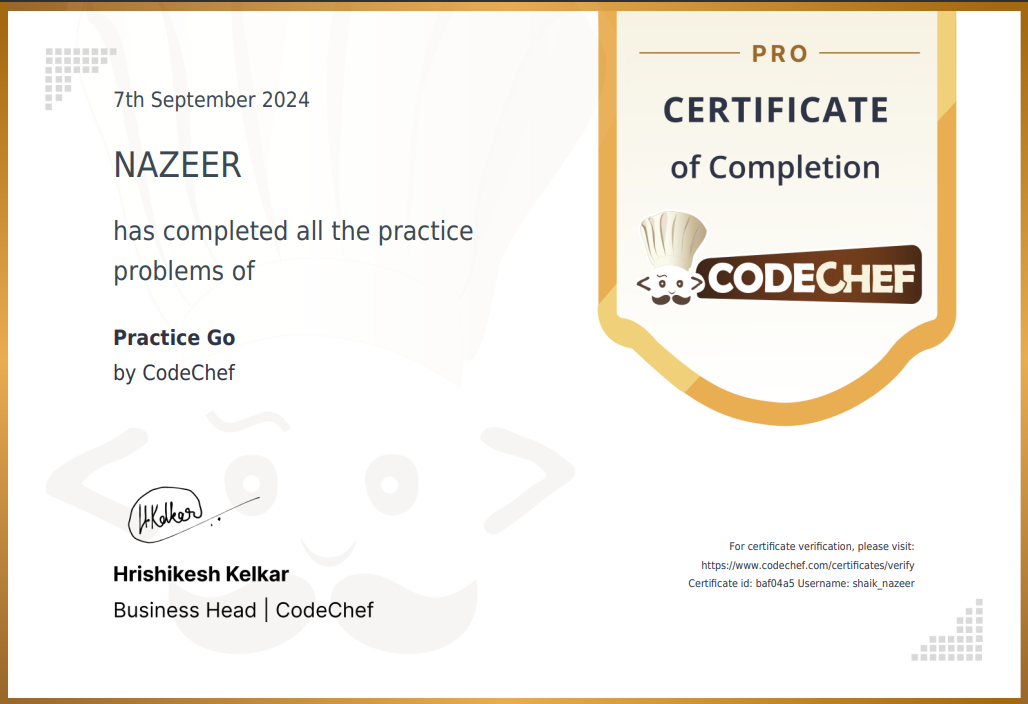 Certificate of completion of Go practice problems at Code Chef