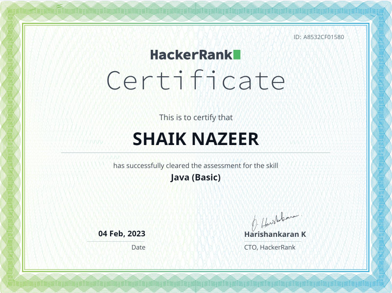 Certificate of completion of Java(Basic) at Hackerrank