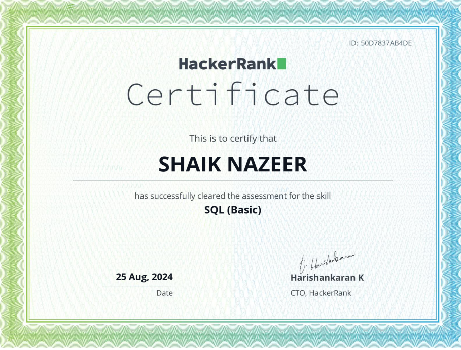 Certificate of completion of SQL (Basic) at Hackerrank