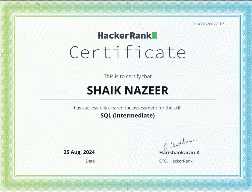 Certificate of completion of SQL (Intermediate) at Hackerrank